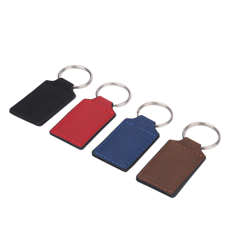 Laser blank square shape leather keychains-blue